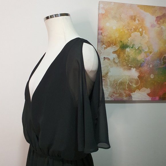 Portmans Size 14 Black Cold Shoulder V Neck Elasticated Waist Dress - Picture 10 of 11